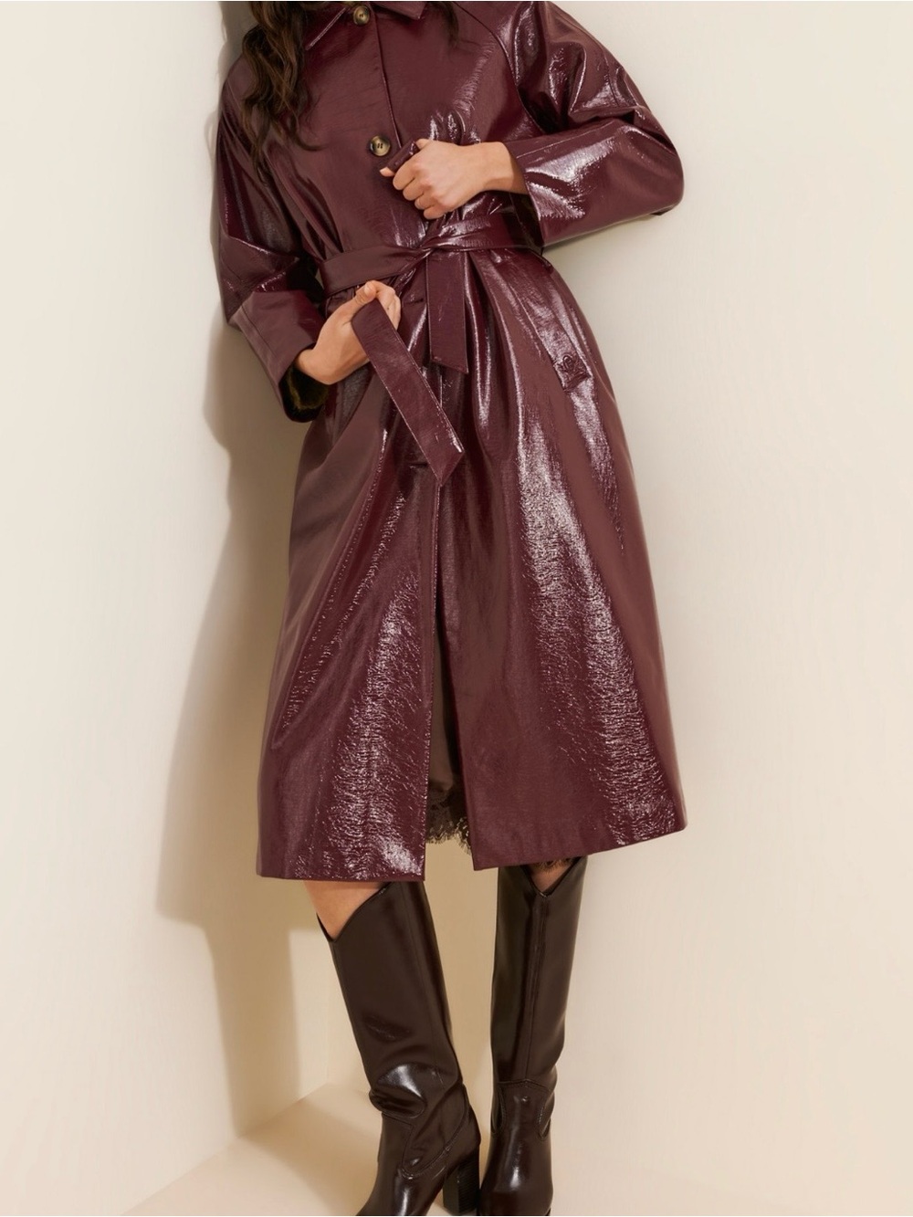 FRNCH Glossy Burgundy Trench with Self-Tie Belt
